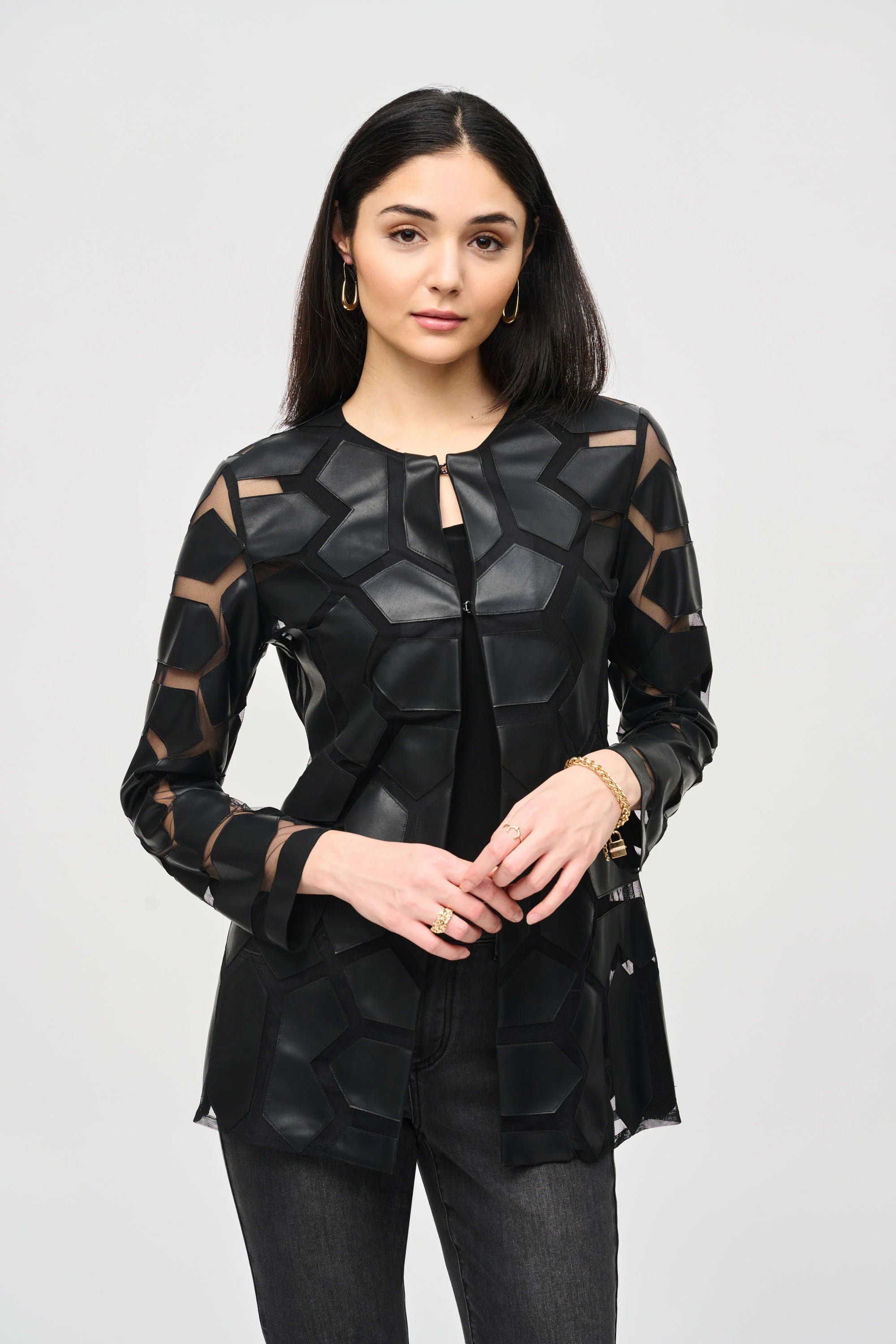 Laser-Cut Leatherette on Mesh Jacket (241905S25)