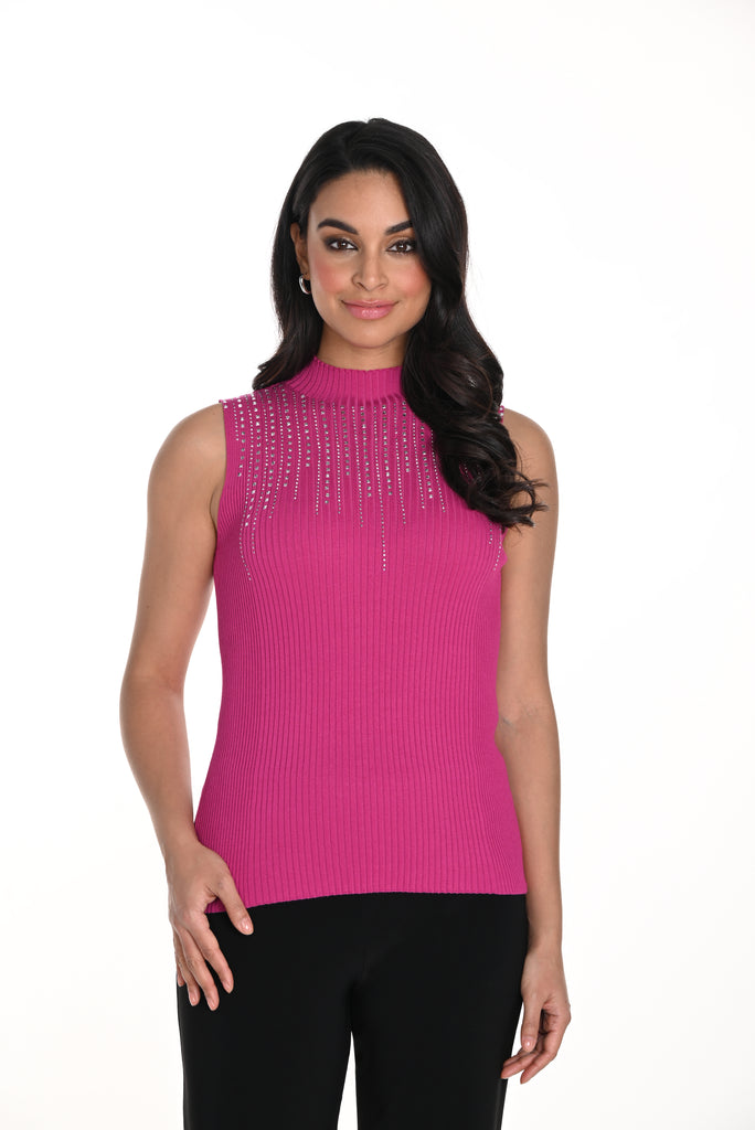 Fuchsia Sleeveless Knit Top with Embellished Neckline (243462U)