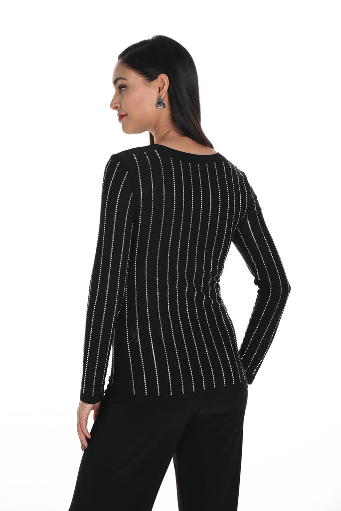 Long Sleeve Black Embellished Knit Top (243403U)