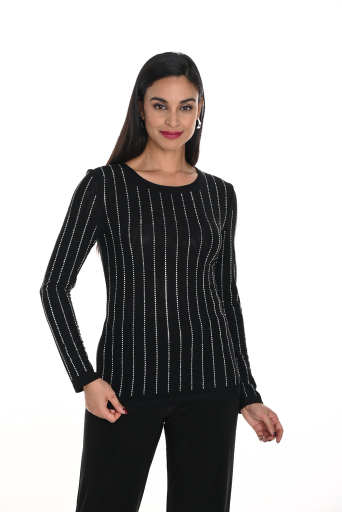 Long Sleeve Black Embellished Knit Top (243403U)