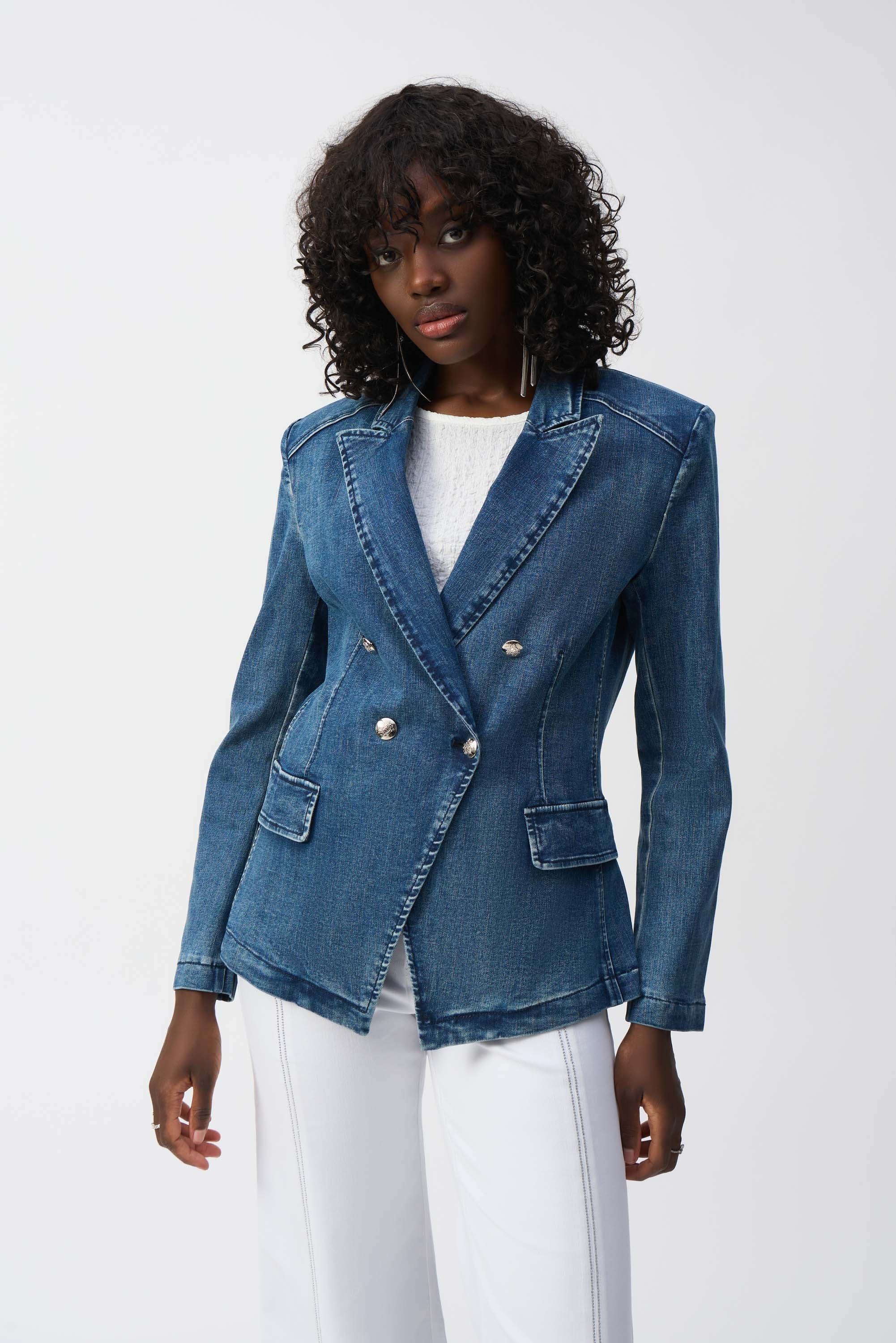 Stretch Denim Double-Breasted Blazer (251962)