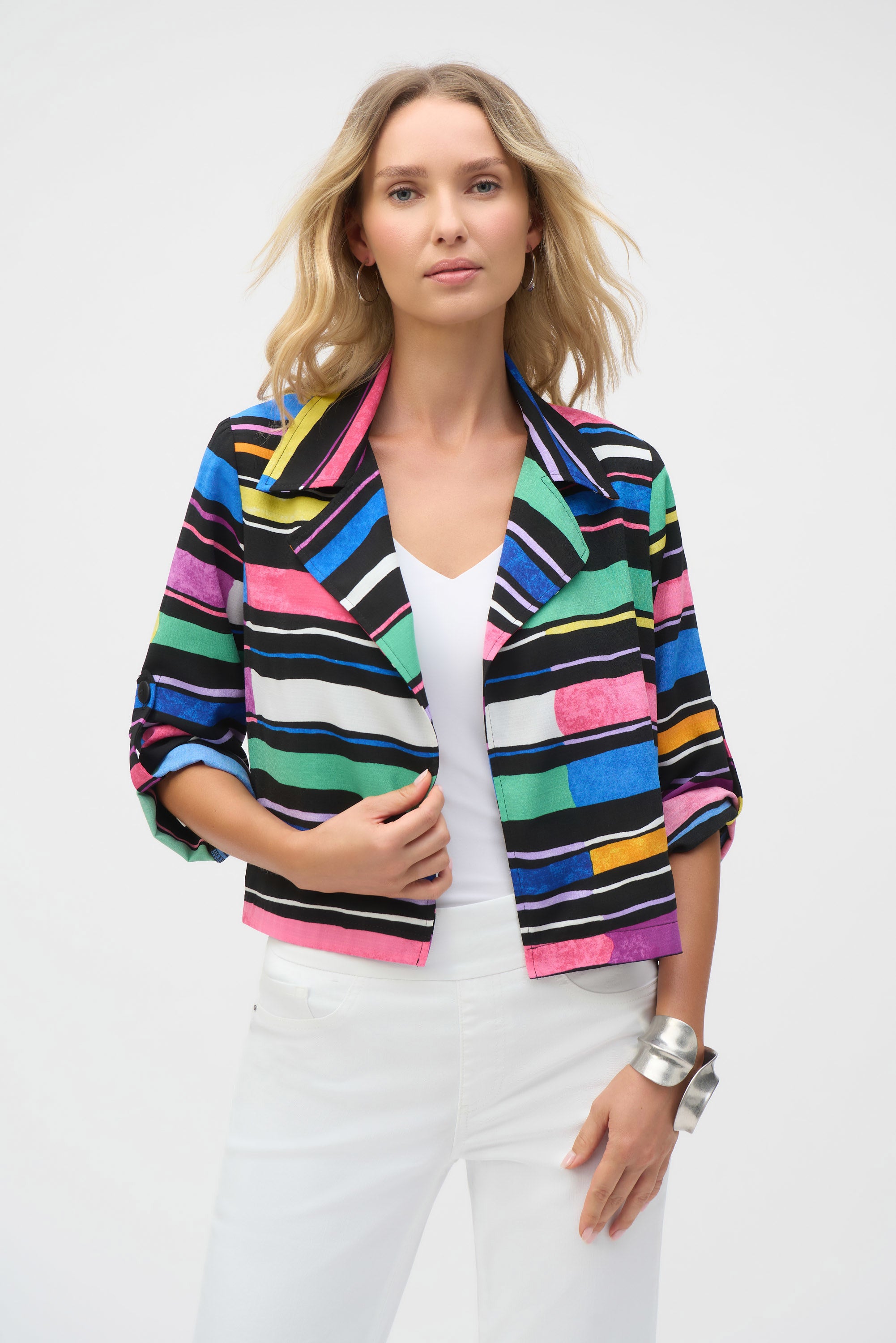 Gauze Stripe Print Short Boxy Blazer (252215)