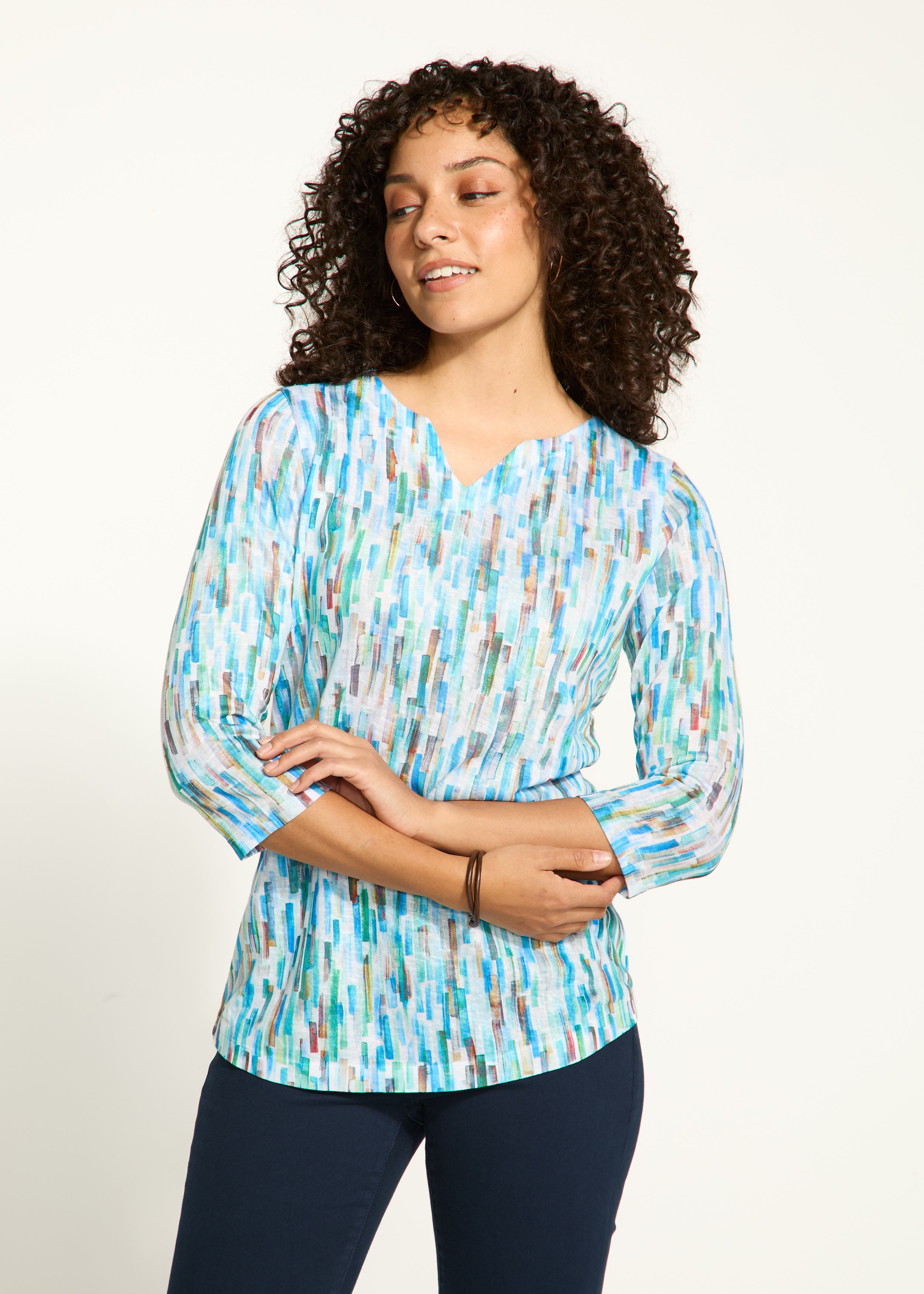 3/4 Sleeve Notch Neck Top (3489451)