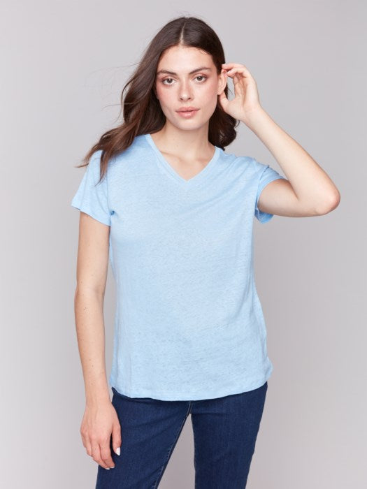 Linen Jersey Knit V-Neck T-Shirt (C1231291C)