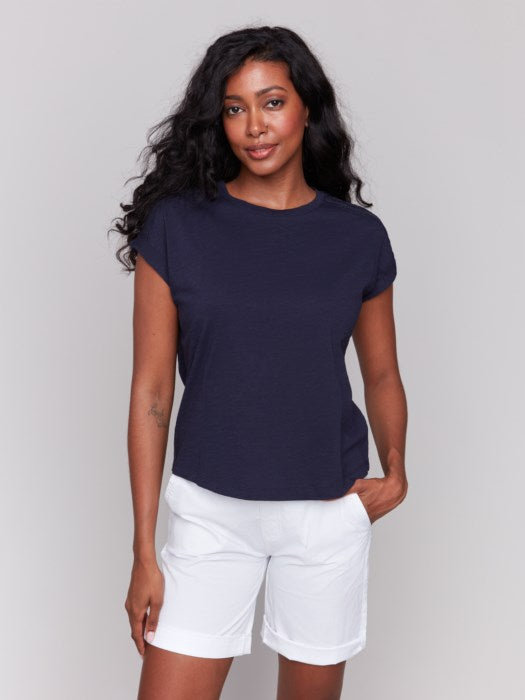 Drop Shoulder Tee with Lace Shoulder Trim (C1391463B)