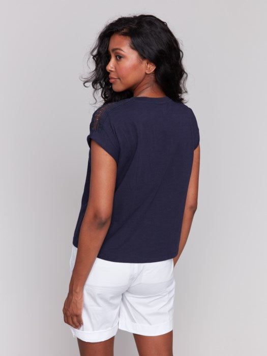 Drop Shoulder Tee with Lace Shoulder Trim (C1391463B)