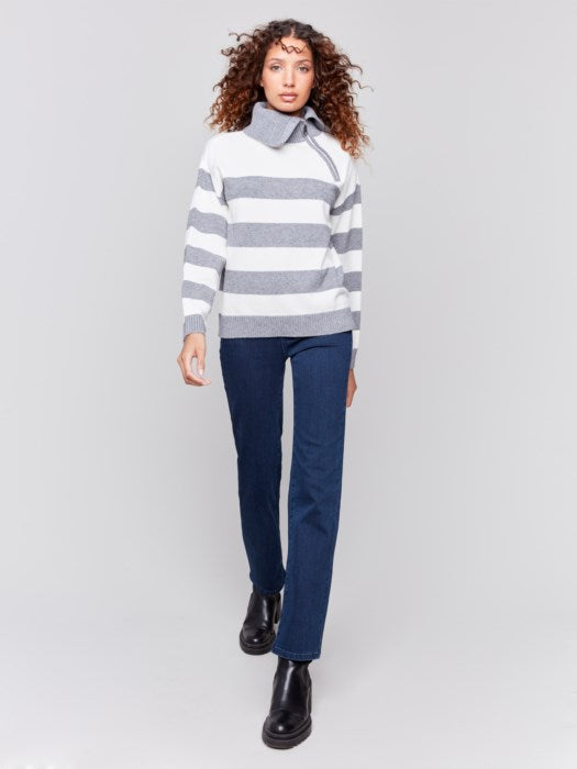 Striped Turtleneck Sweater with Zipper Detail (C2698974A)