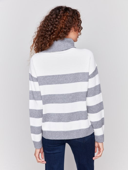 Striped Turtleneck Sweater with Zipper Detail (C2698974A)