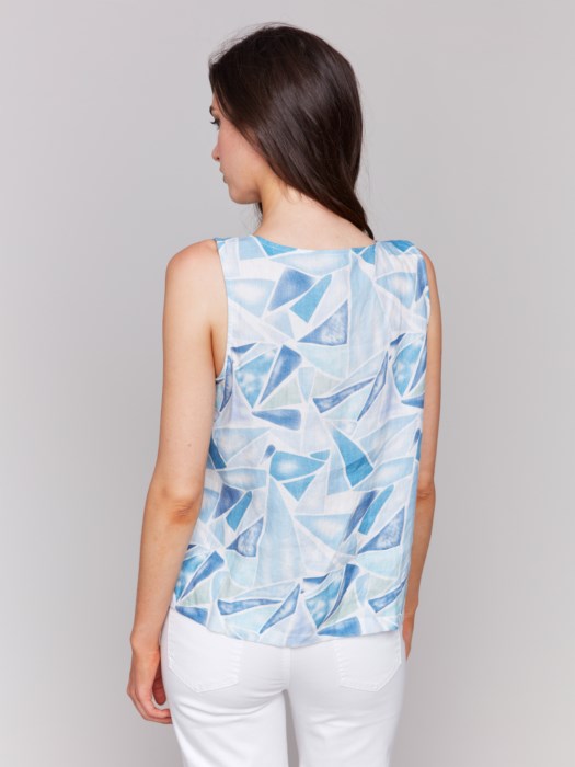 Printed Sleeveless Linen Blend Top with Slit (C4543PR229B)