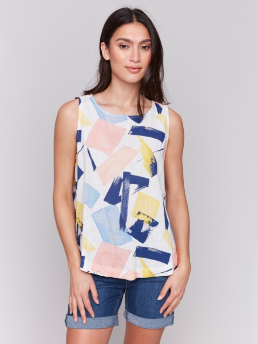 Printed Sleeveless Top with Rounded Hem (C4588787A)