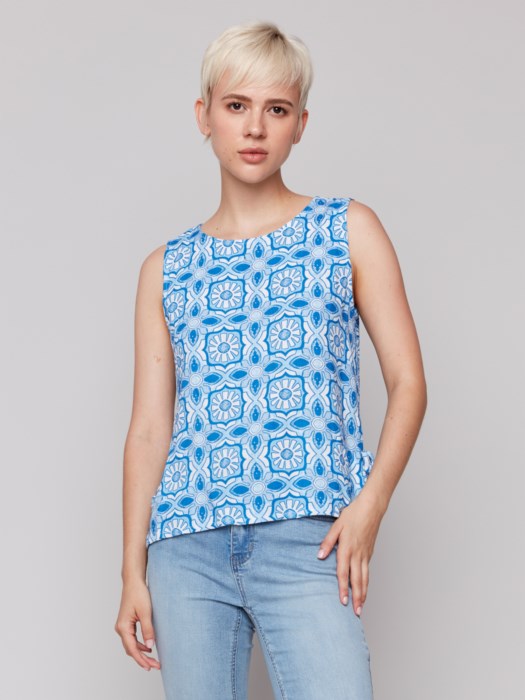 Printed Sleeveless Linen Blend Top with Side Ties (C4592787A)