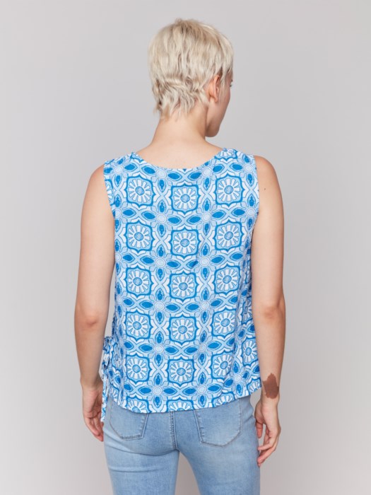 Printed Sleeveless Linen Blend Top with Side Ties (C4592787A)