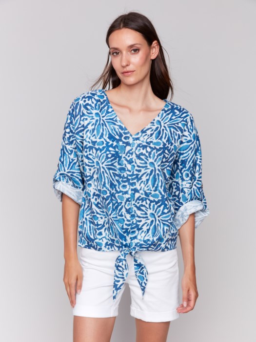 Printed 3/4 Sleeve Top with Front Tie (C4603P787A)